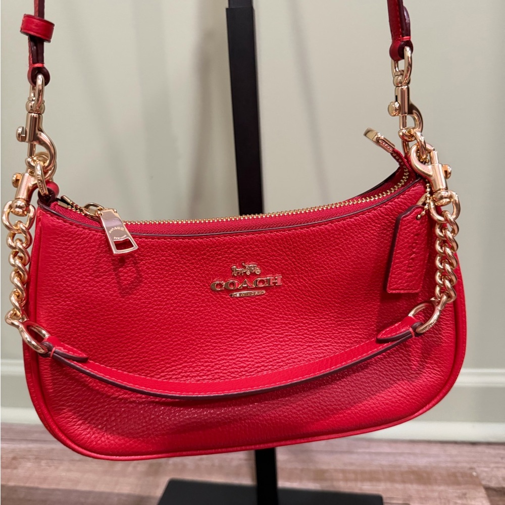 Coach Red Pebbled Leather Shoulder Bag with Gold Hardware